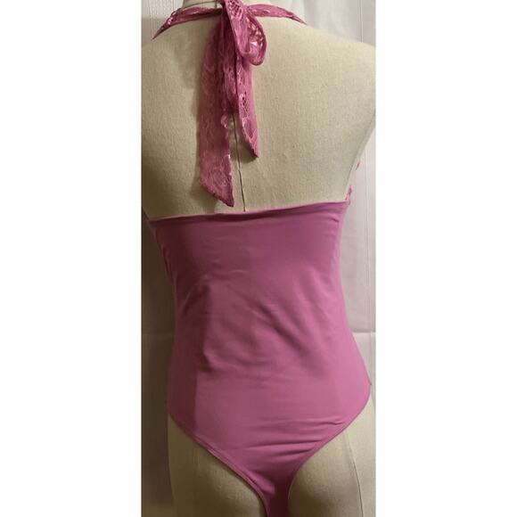 UNCOOYEE Sexy Floral Lace Thong Bodysuit Halter VNeck Sleeveless Backless Pink S - Picture 7 of 11